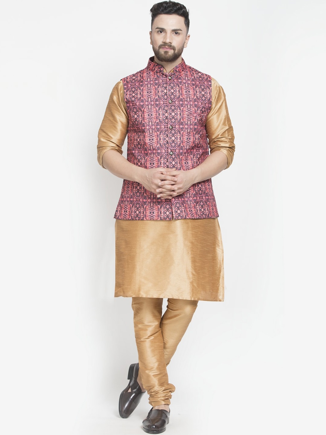 

Benstoke Men Copper-Toned Ethnic Motifs Dupion Silk Kurta with Churidar