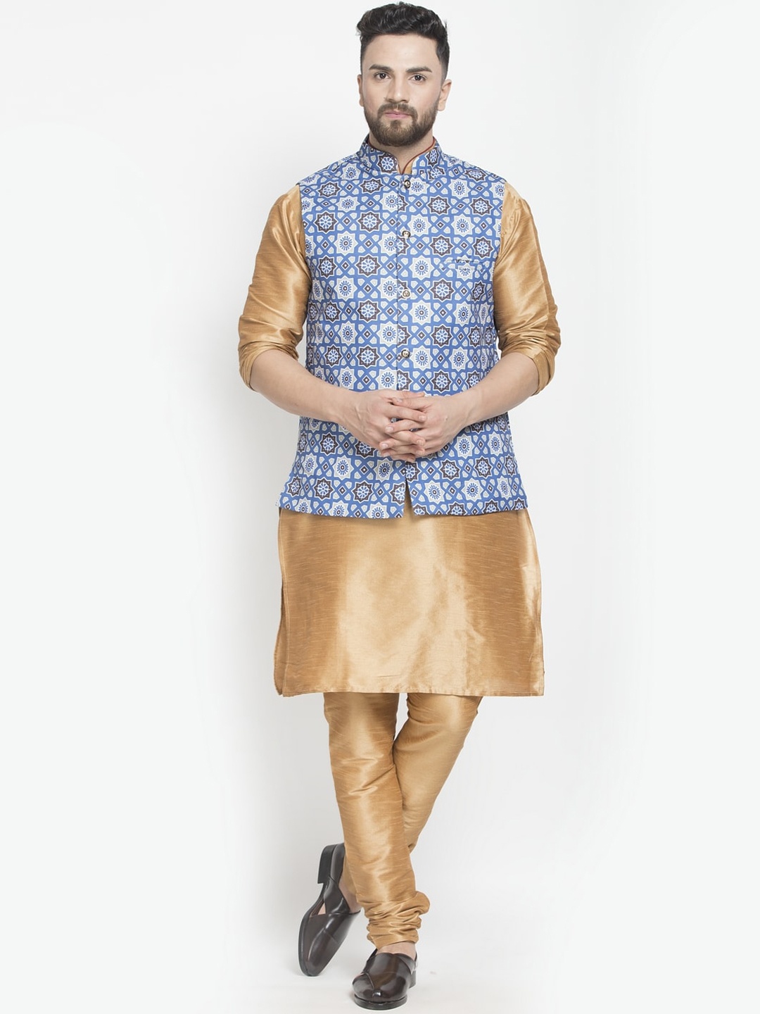 

Benstoke Men Copper-Toned Angrakha Dupion Silk Kurta with Churidar