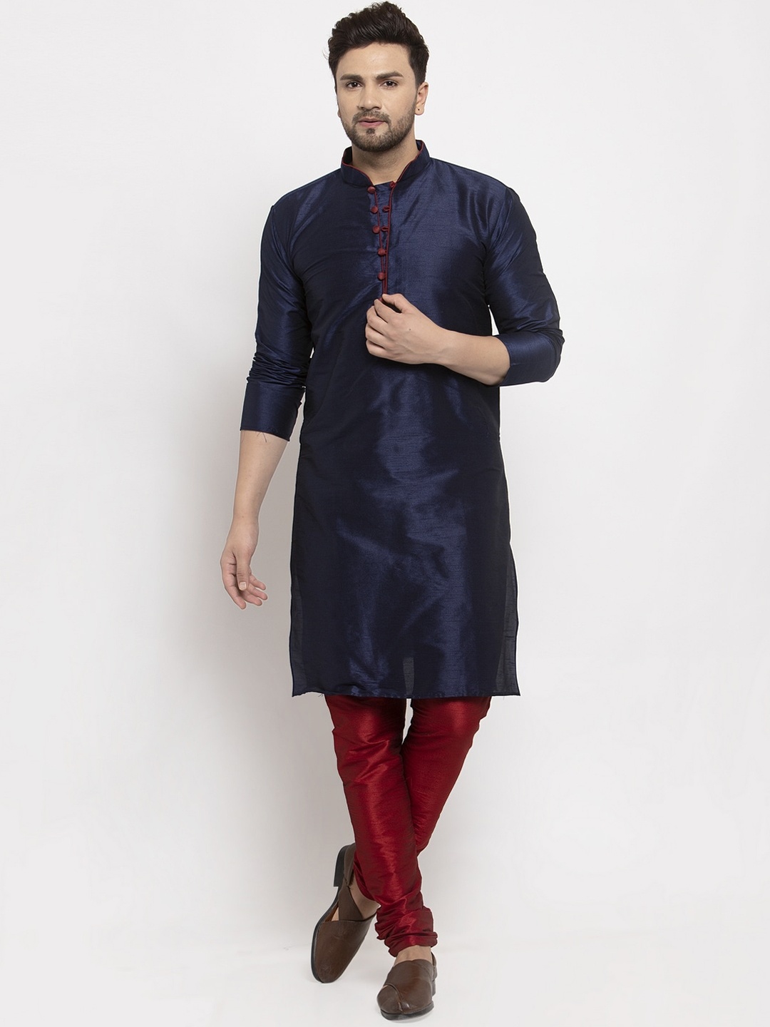 

Benstoke Men Navy Blue Pleated Dupion Silk Kurta with Churidar