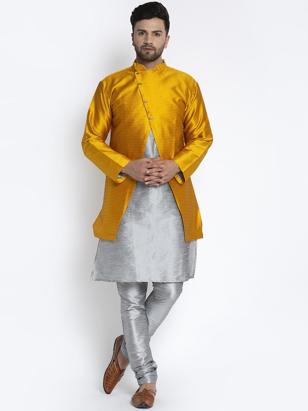 

Benstoke Men Grey Paisley Yoke Design Dupion Silk Kurta with Churidar