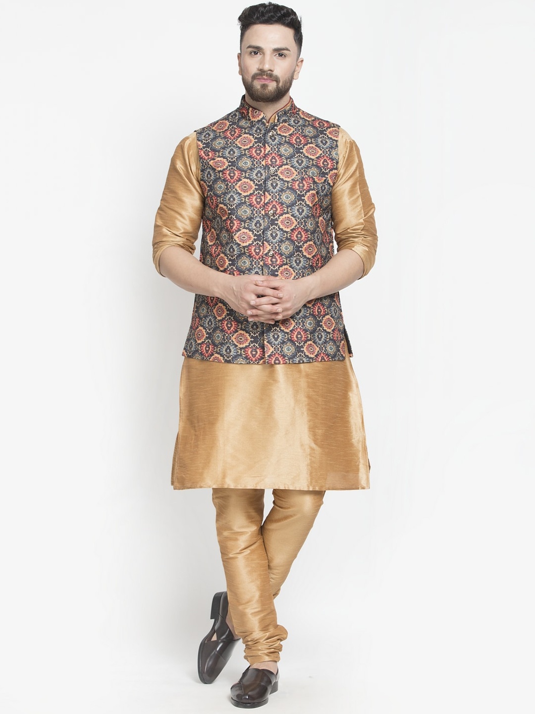 

Benstoke Men Copper-Toned Layered Dupion Silk Kurta with Churidar