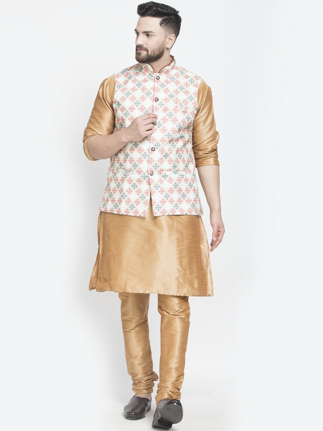 

Benstoke Men Copper-Toned Floral Layered Dupion Silk Kurta with Churidar