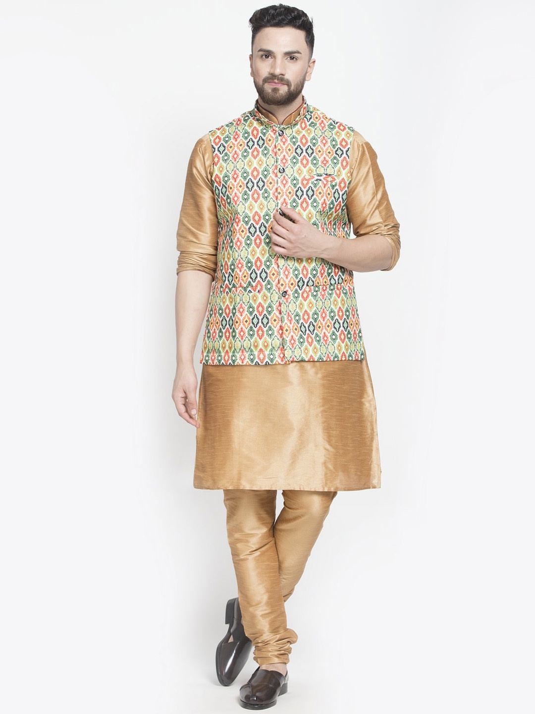 

Benstoke Men Copper-Toned Angrakha Dupion Silk Kurta with Churidar