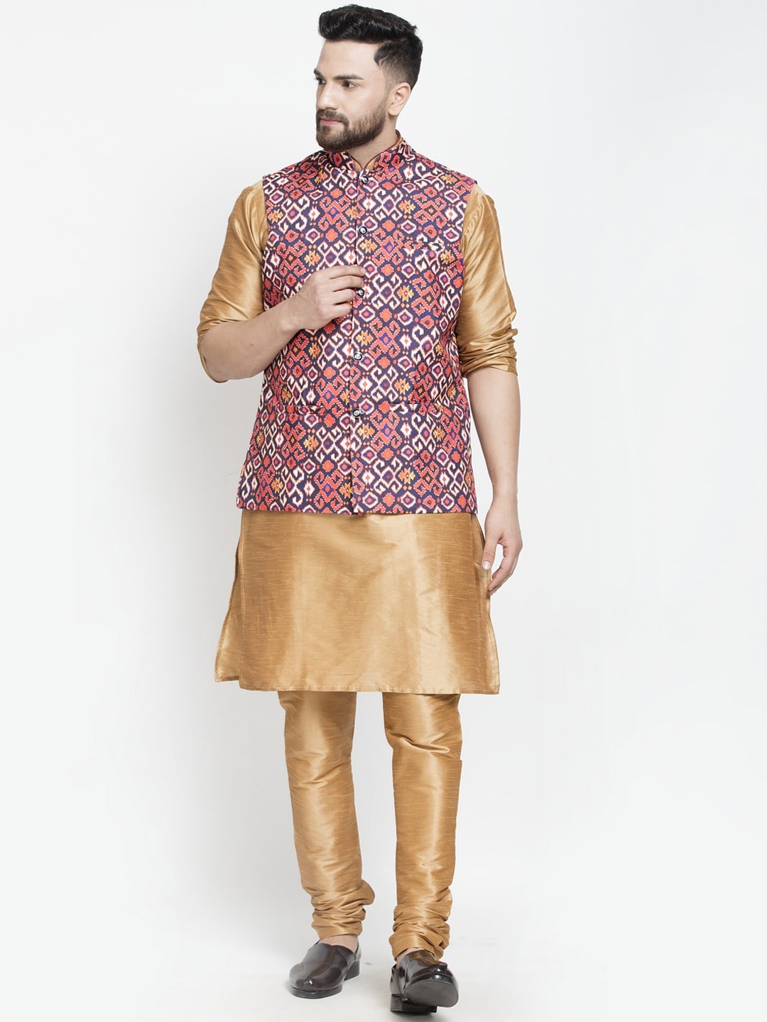 

Benstoke Men Copper-Toned Layered Dupion Silk Kurta with Churidar