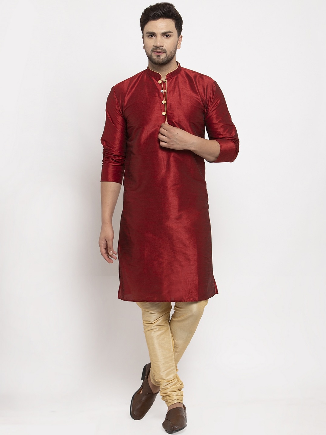 

Benstoke Men Maroon Dupion Silk Kurta with Churidar
