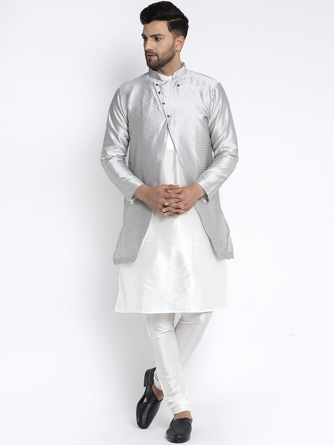 

Benstoke Men White Pleated Dupion Silk Kurta with Pyjamas