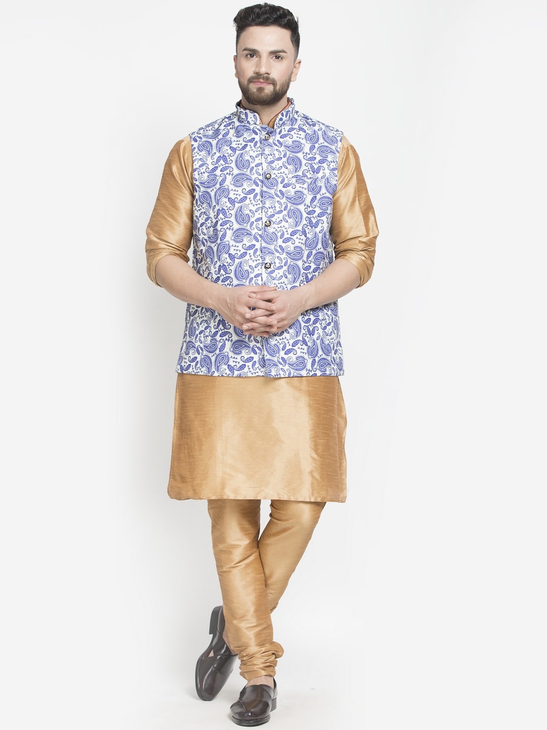 

Benstoke Men Copper-Toned Floral Layered Dupion Silk Kurta with Churidar