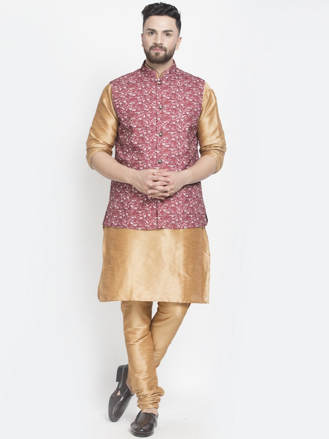 

Benstoke Men Copper-Toned Layered Dupion Silk Kurta with Churidar