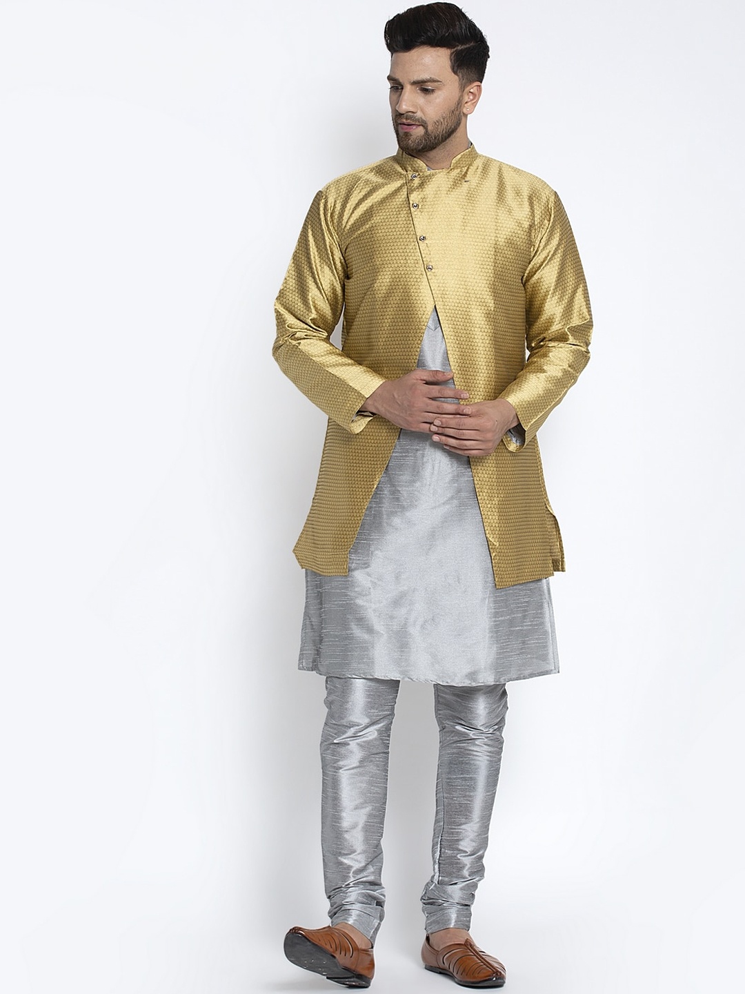 

Benstoke Men Grey Layered Dupion Silk Kurta with Churidar