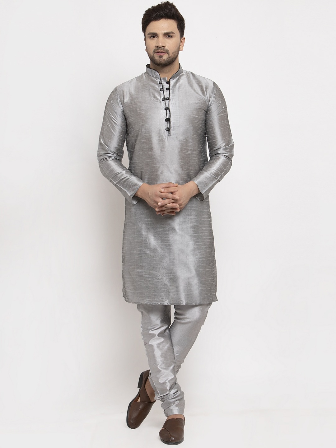 

Benstoke Men Grey Layered Dupion Silk Kurti with Churidar