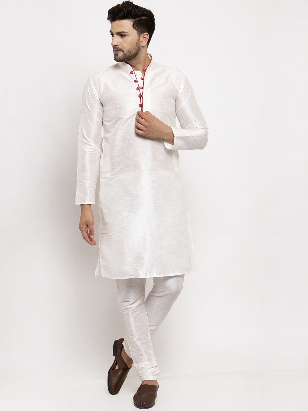 

Benstoke Men White Dupion Silk Kurta with Pyjamas
