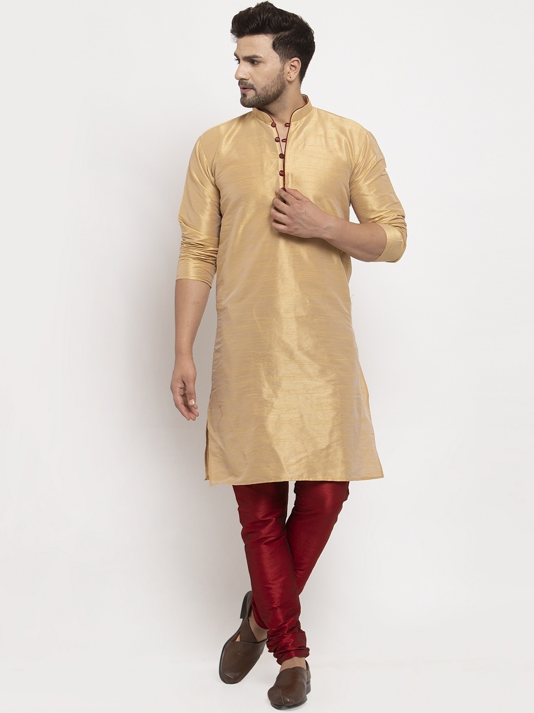 

Benstoke Men Gold-Toned Dupion Silk Kurta with Churidar
