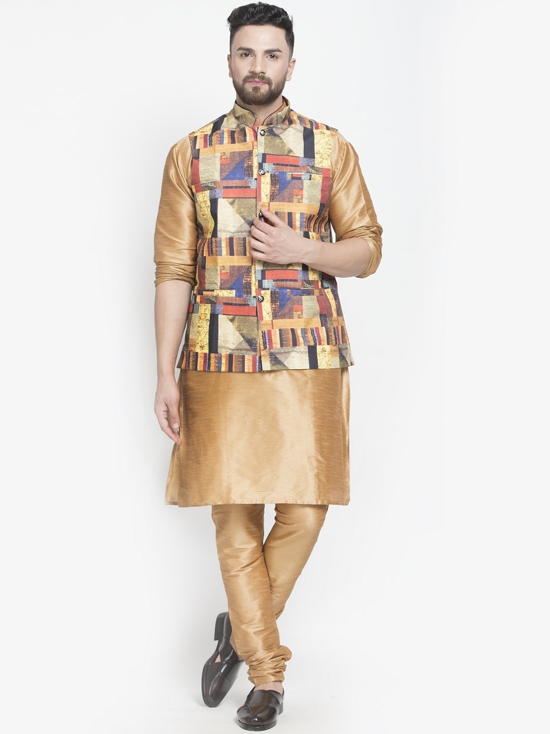 

Benstoke Men Copper-Toned Layered Dupion Silk Kurta with Churidar