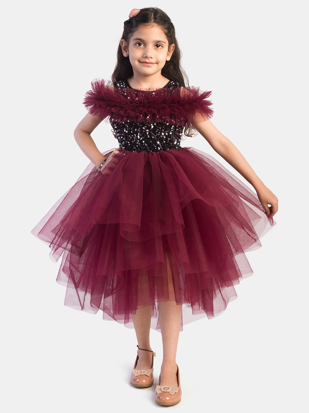 

Toy Balloon kids Maroon Embellished Layered Net Midi Dress
