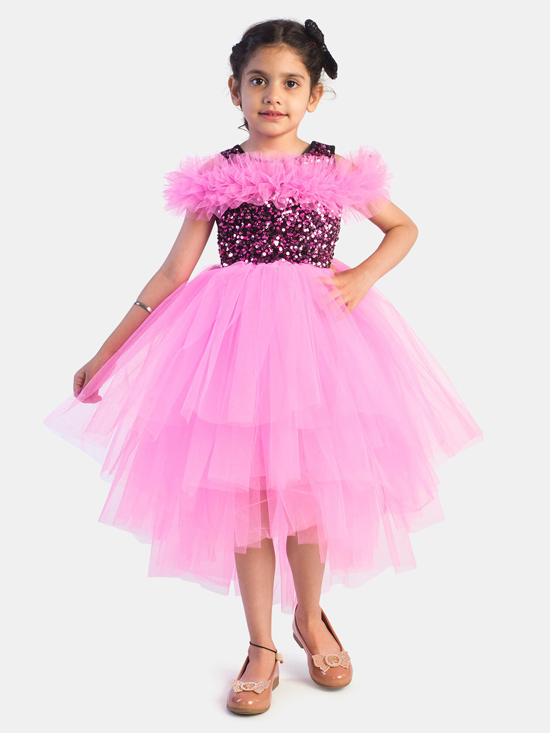 

Toy Balloon kids Pink Embellished Layered Net Midi Dress