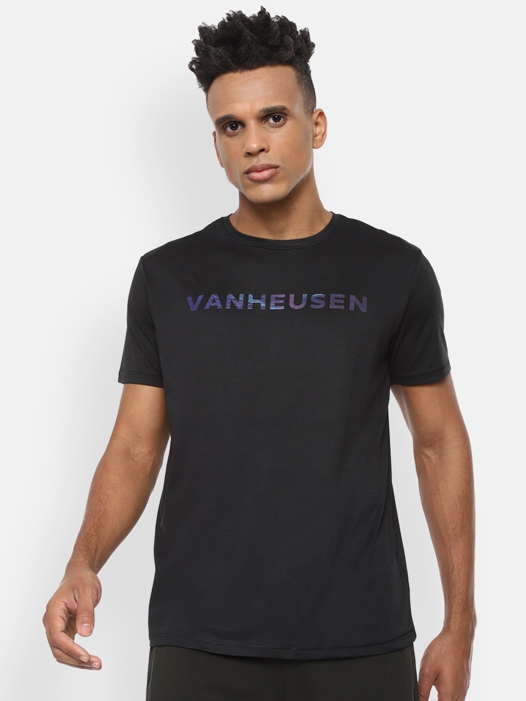 Van Heusen Flex Men Black Typography Slim Fit T-shirt