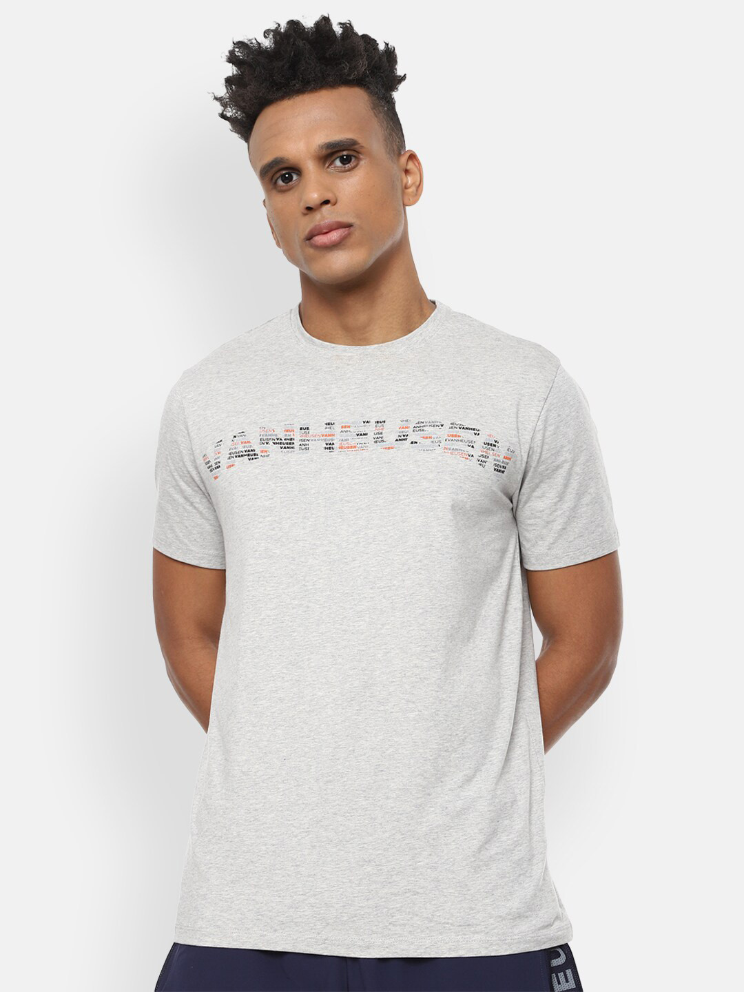 

Van Heusen Flex Men Grey Typography Printed Applique Slim Fit Sports T-shirt
