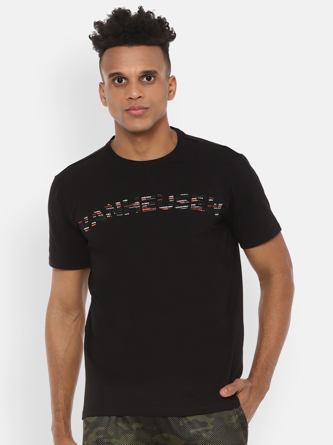 

Van Heusen Flex Men Black Typography Printed Slim Fit Yoga T-shirt