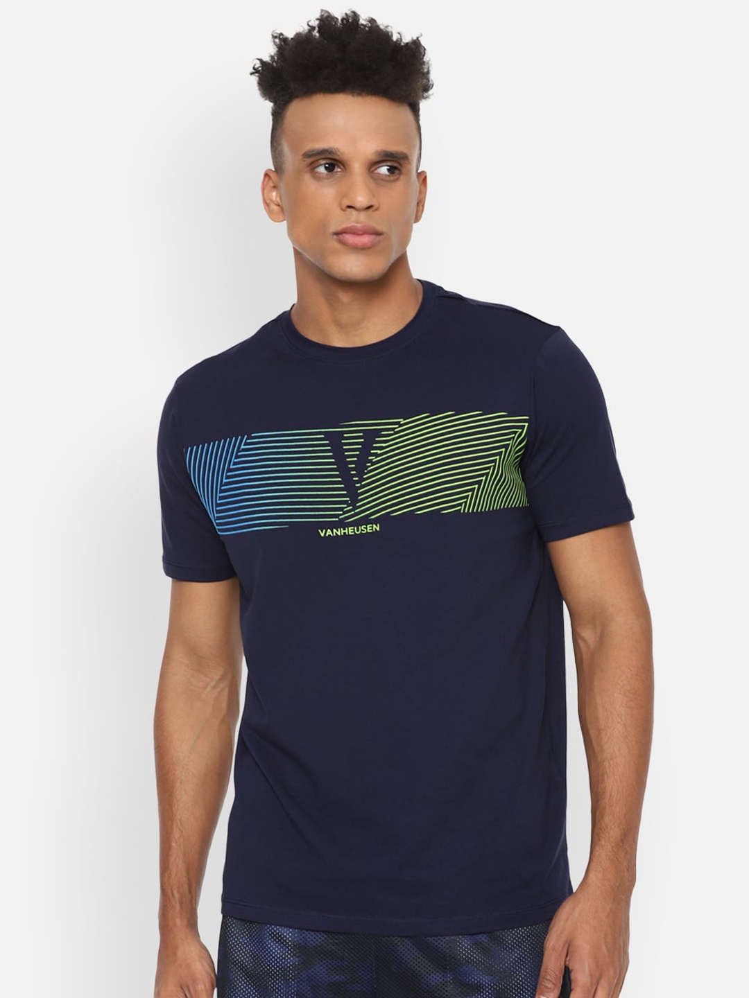 

Van Heusen Flex Men Navy Blue Printed Slim Fit T-shirt