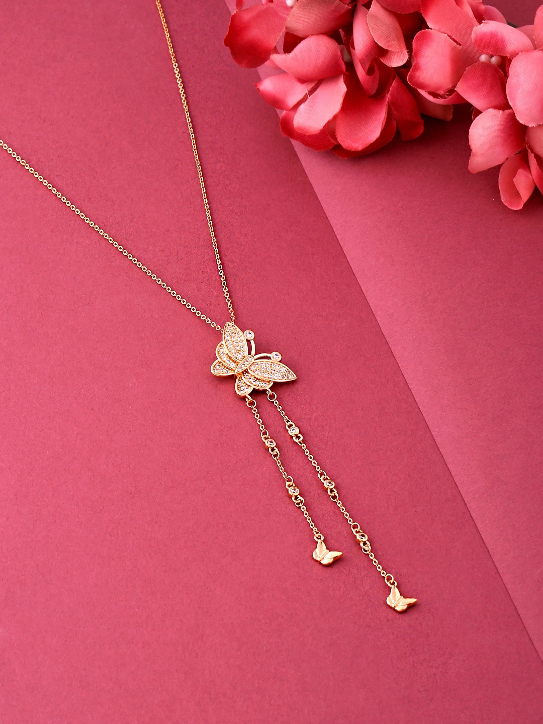 

Yellow Chimes Rose Gold-Toned Crystal Studded Butterfly Charm Pendant