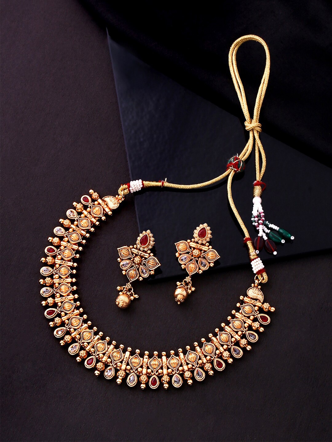 

Yellow Chimes Gold-Plated Red & White Crystal Studded Jewellery Set