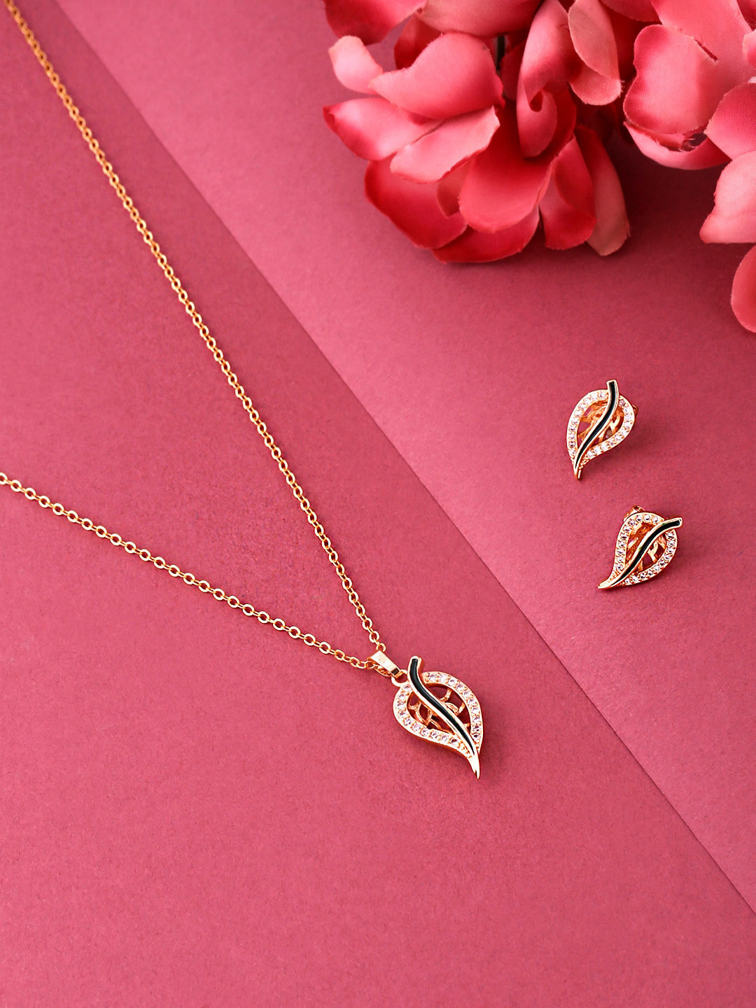 

Yellow Chimes Rose Gold-Plated Leaf Designed Crystal Pendant with Earrings