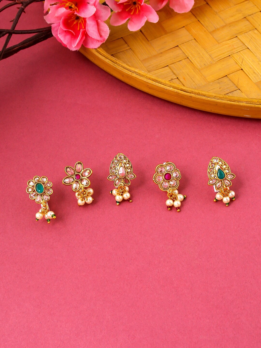

Yellow Chimes Gold-Plated Green & Red Crystal-Studded Nosepin