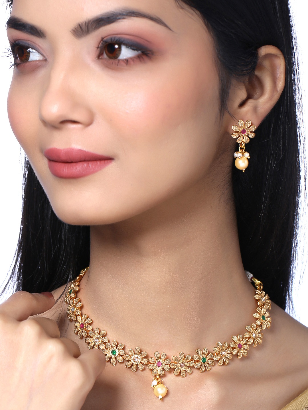 

Yellow Chimes Gold Toned Floral Designed Crystal Studded Choker Necklace Set, Multi