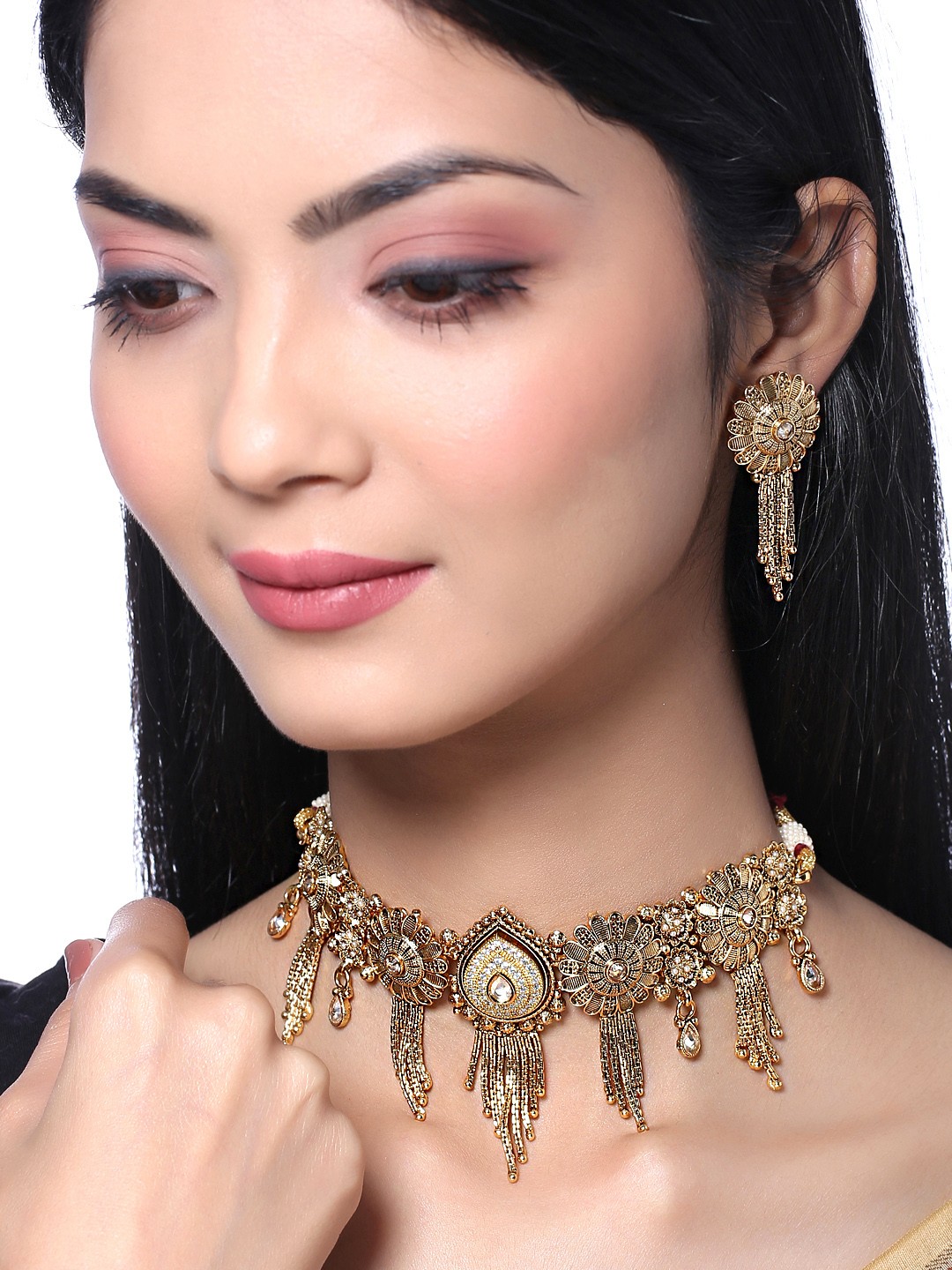 

Yellow Chimes Gold-Toned & White Crystal Studded Floral Jewellery Set