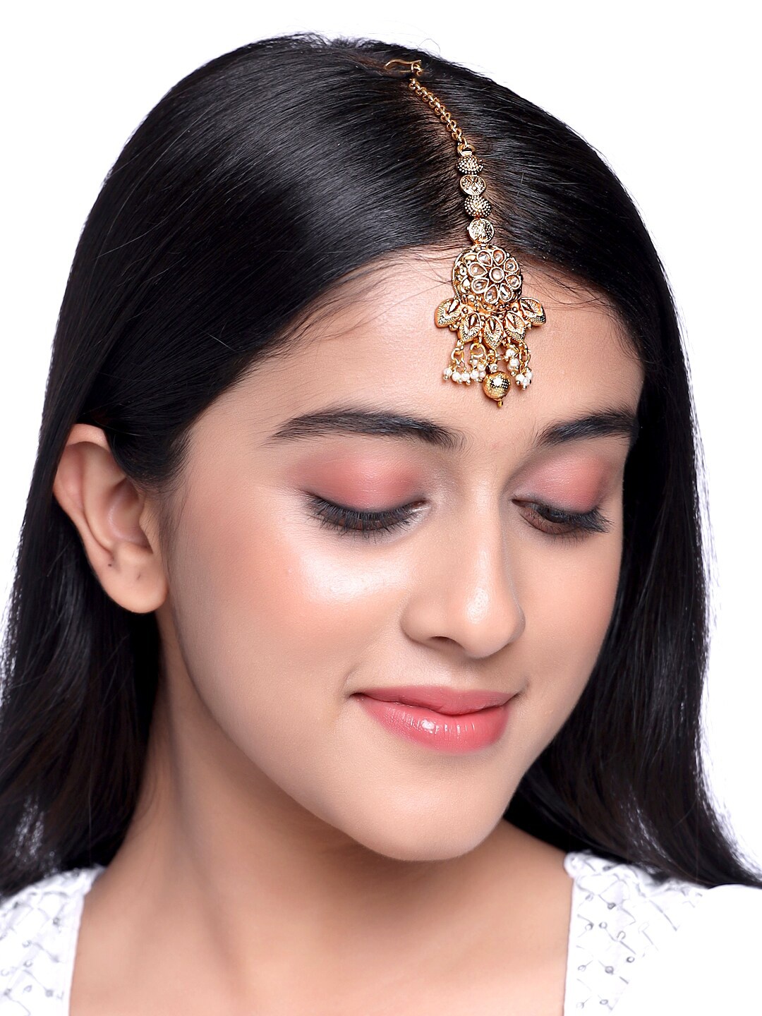 

Yellow Chimes Women Gold-Toned Crystal Studded Beads Drop Maang Tikka