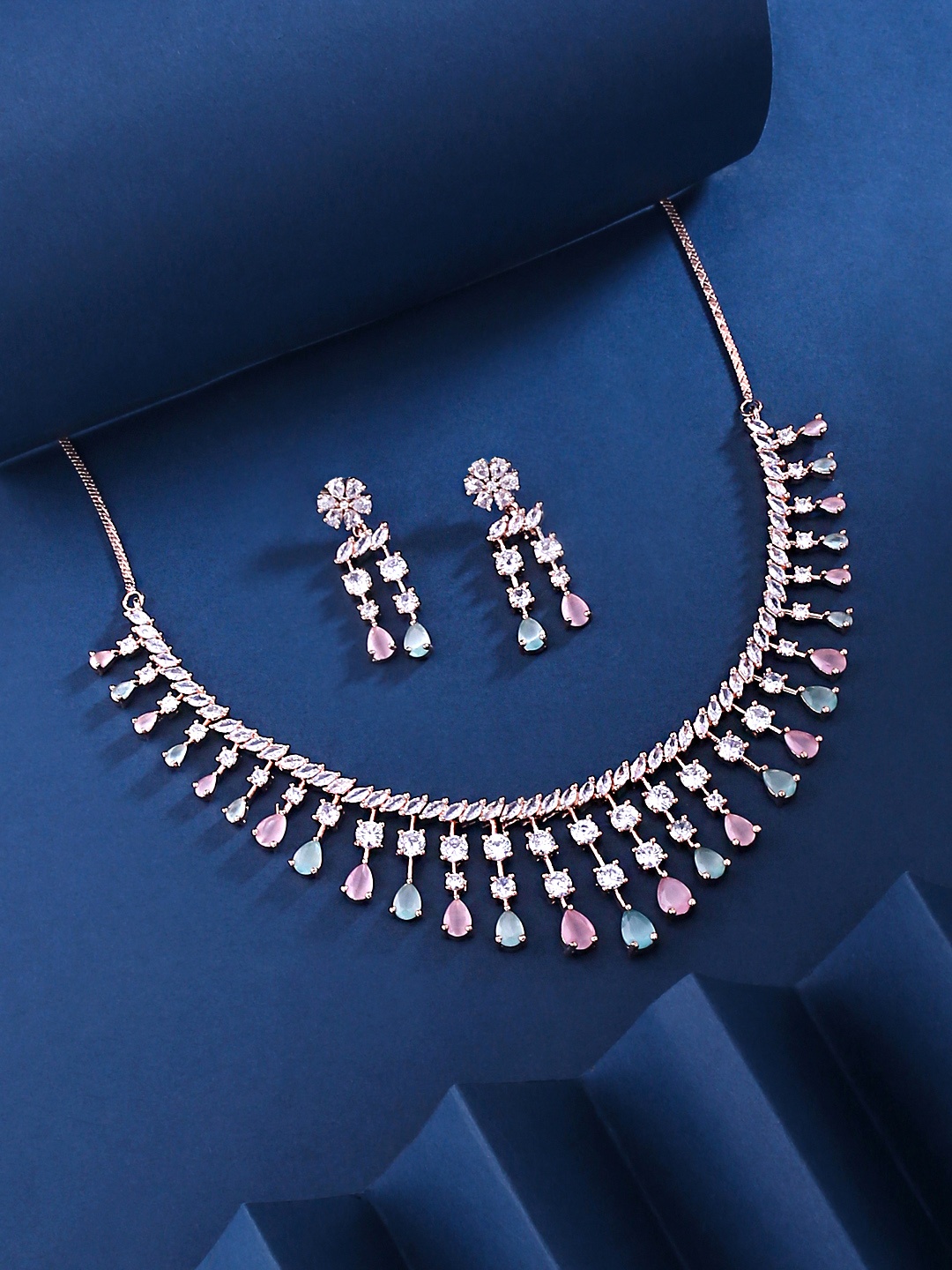 

Yellow Chimes Rose Gold-Plated White & Pink AD-Studded Jewellery Set