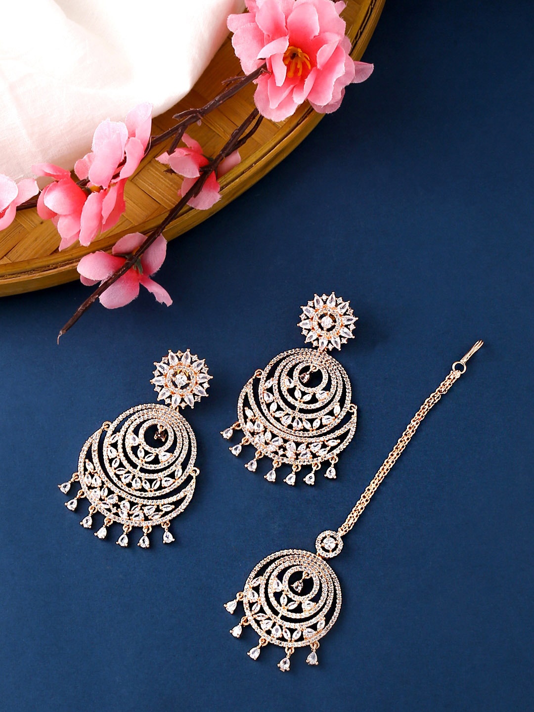 

Yellow Chimes Rose Gold-Plated Crystal-Studded Chandbali Maangtikaa & Earrings Set