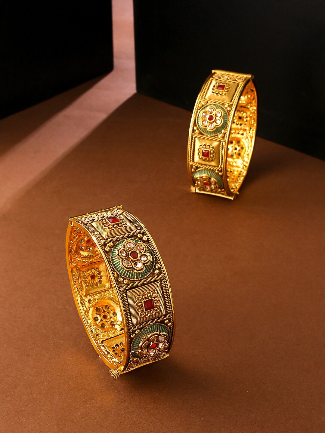 

Yellow Chimes Set Of 2 Gold-Plated Red Quartz Stone-Studded Meenakari Bangle