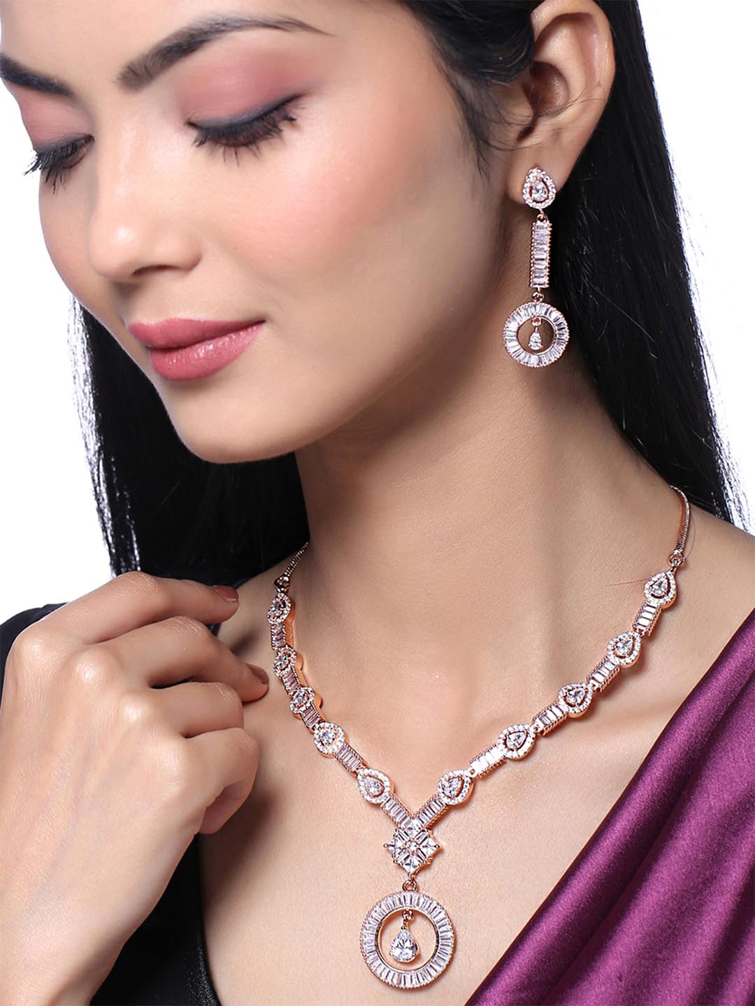 

Yellow Chimes Rose Gold-Plated White AD-Studded Jewellery Set