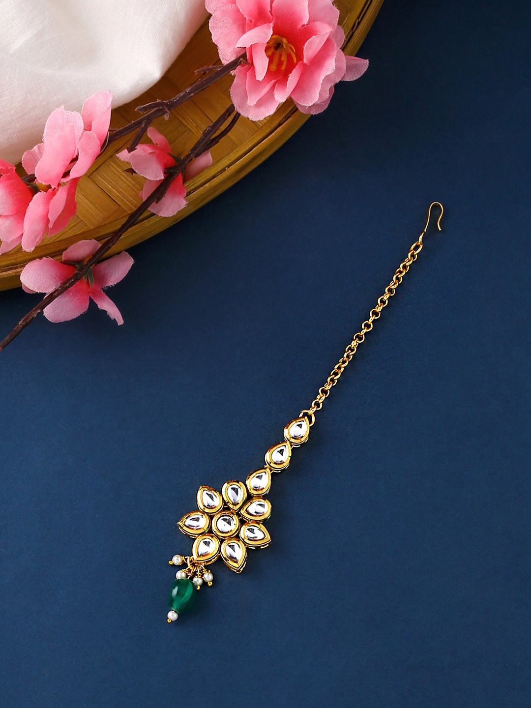 

Yellow Chimes Women Gold Toned Kundan Studded Green Pearl Drop Floral Designed Maang Tikka