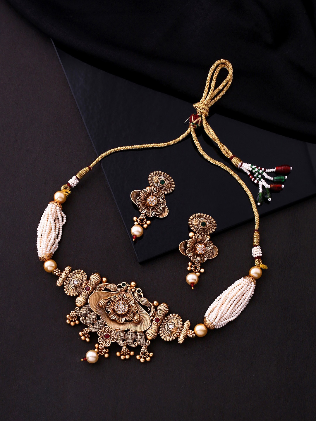 

Yellow Chimes Gold-Plated White & Red Crystal-Studded & Pearl Beaded Jewellery Set