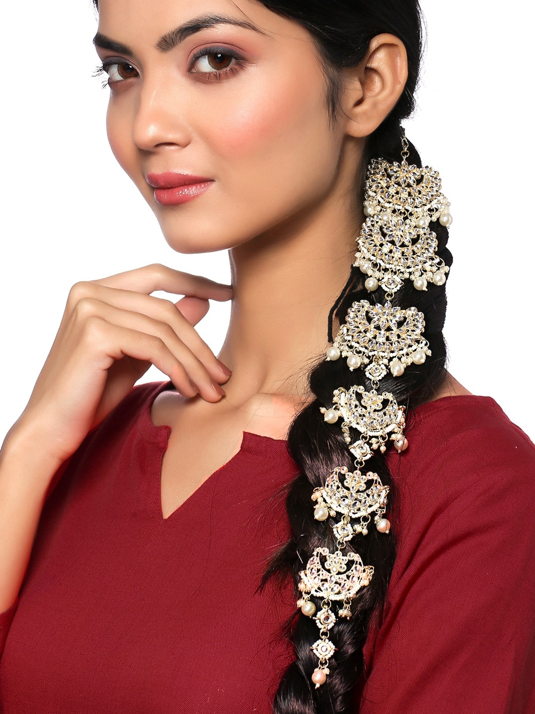 

Yellow Chimes Gold-Plated Gold Kundan Studded Bridal Braid Vines Head Jewellery