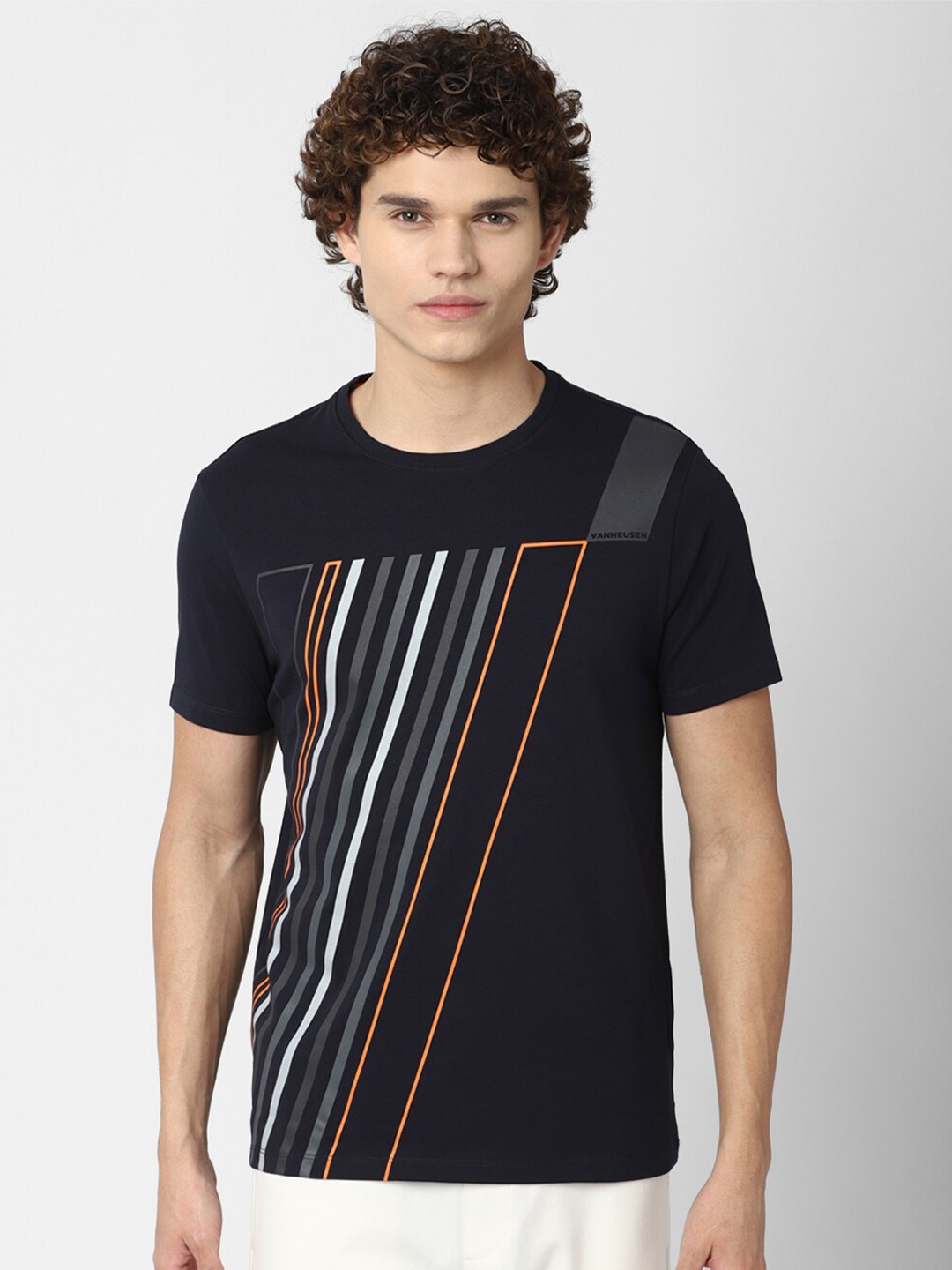 

Van Heusen Flex Men Black Striped Raw Edge Slim Fit T-shirt