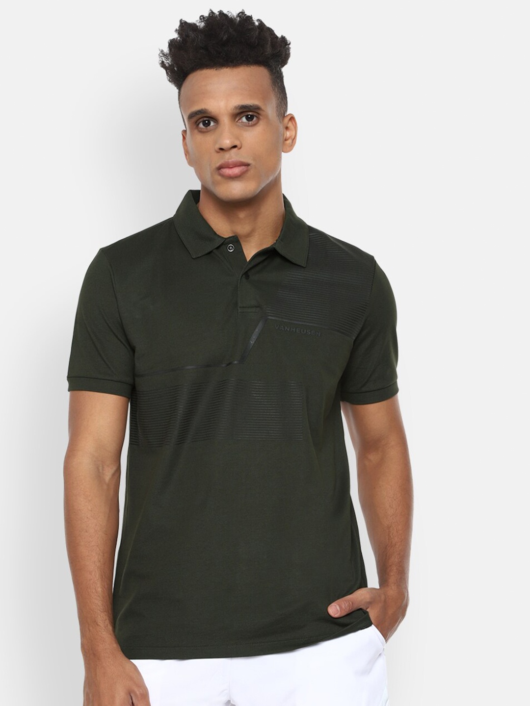 

Van Heusen Flex Men Olive Green Polo Collar Applique T-shirt