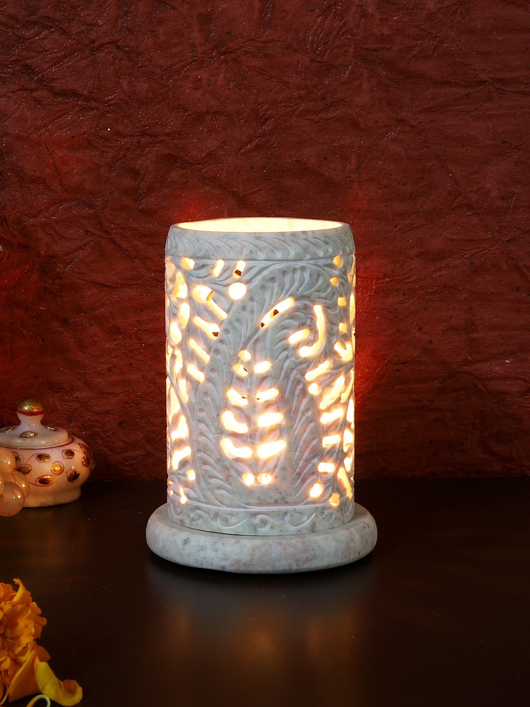 

Aapno Rajasthan White Textured Soapstone Tealight Candle Holder