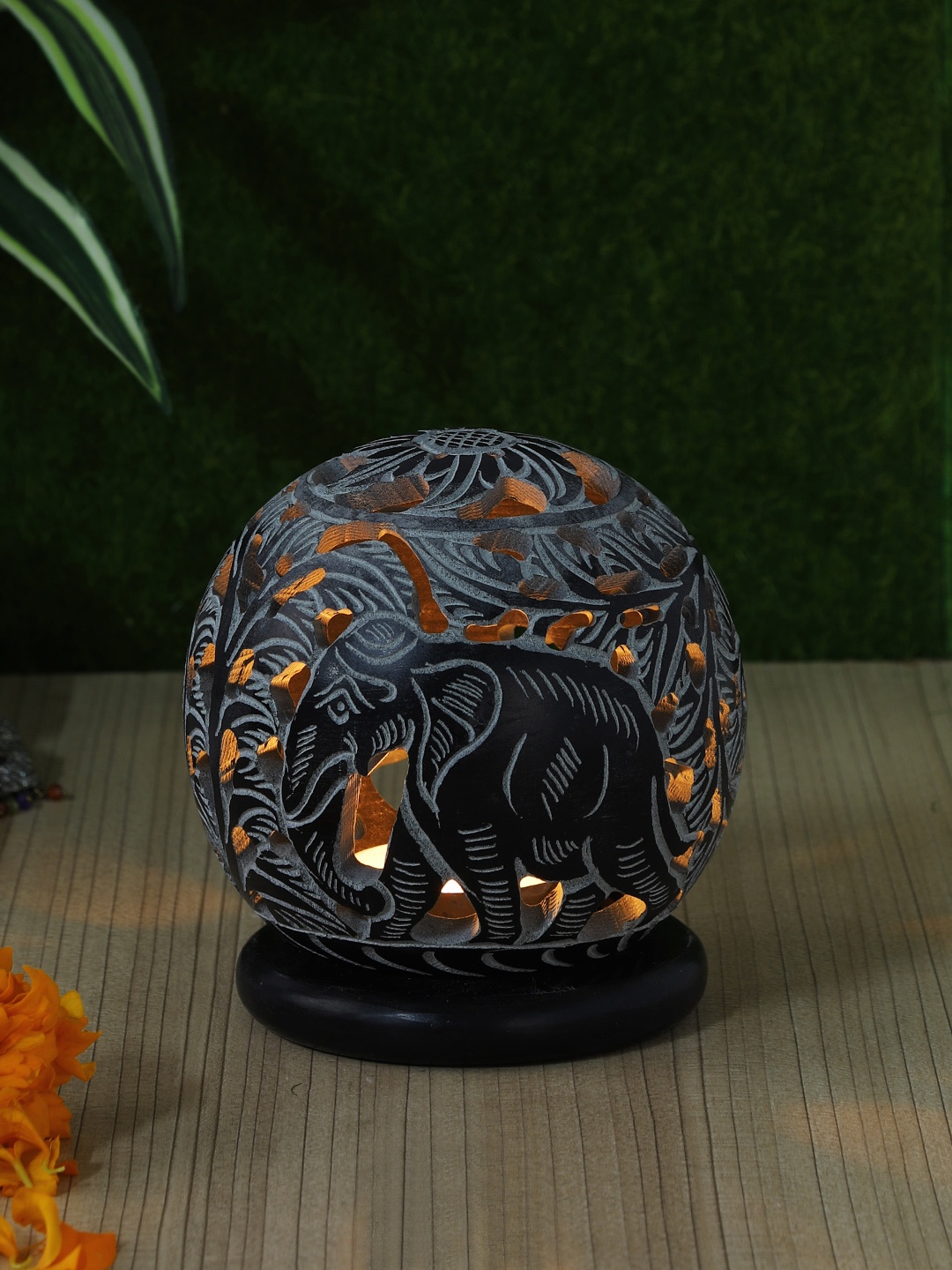 

Aapno Rajasthan Black Elephant Design Stone Tealight Candle Holders