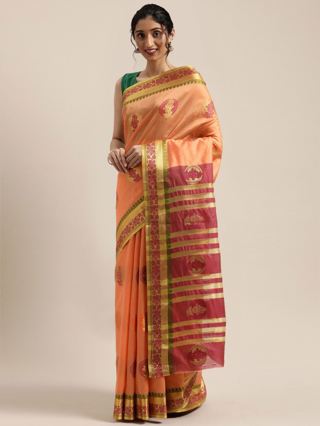 

Saree Swarg Peach-Coloured & Gold-Toned Woven Design Zari Banarasi Sarees