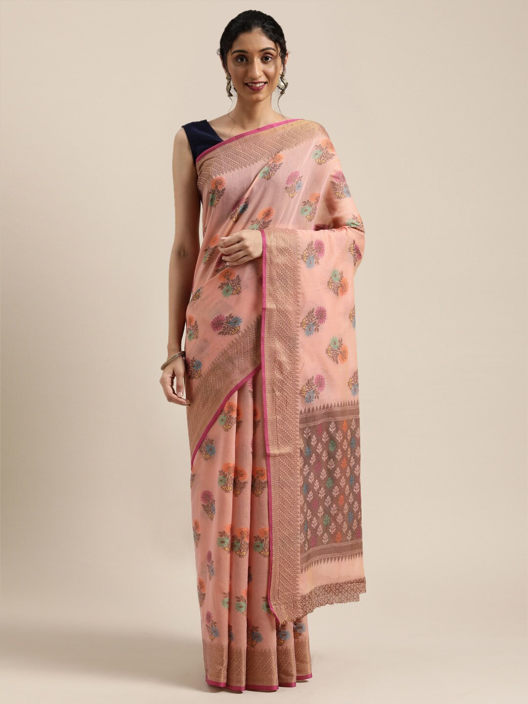 

Saree Swarg Pink & Gold-Toned Woven Design Zari Banarasi Saree