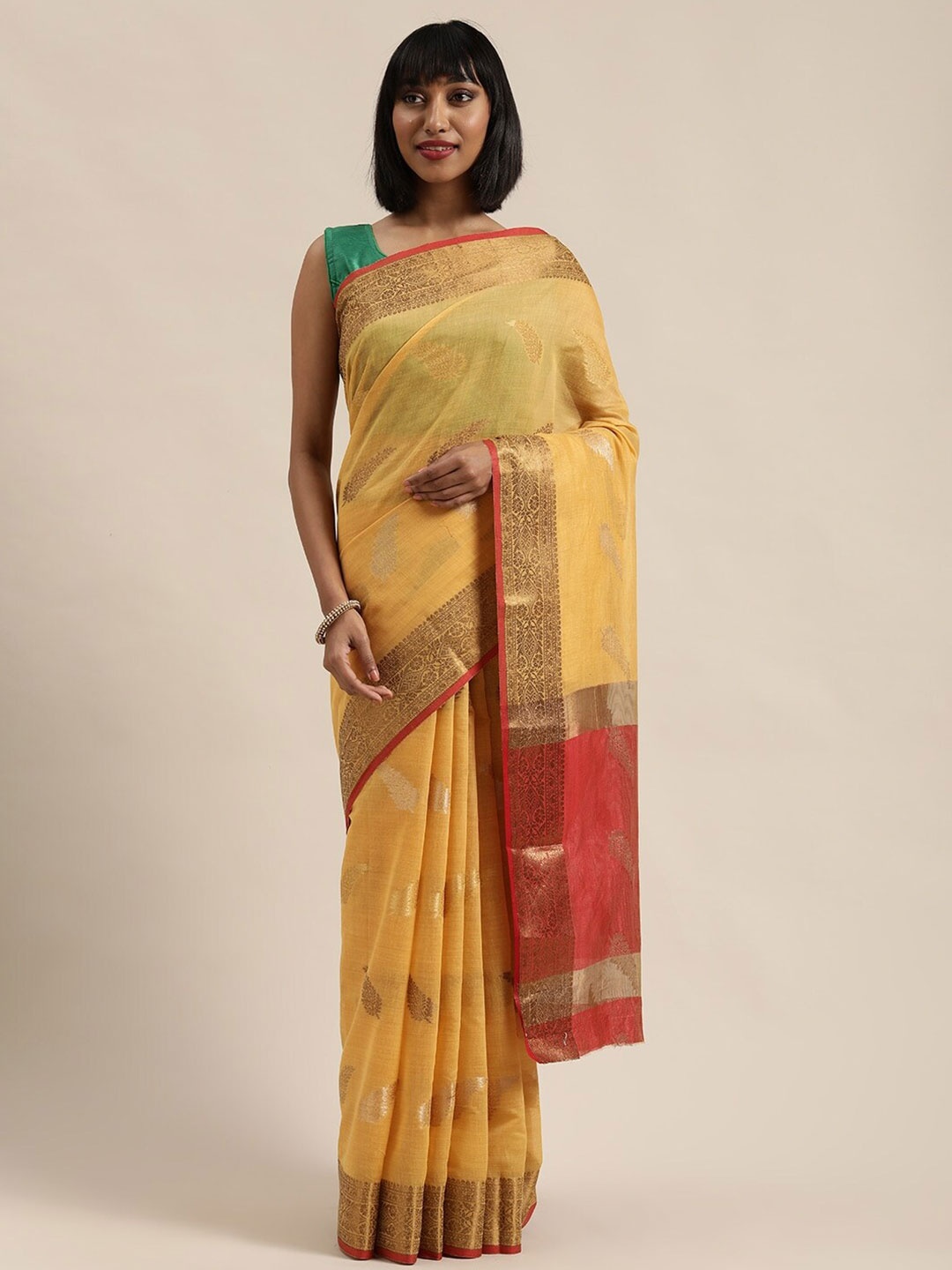 

Saree Swarg Mustard & Red Woven Design Zari Banarasi Sarees