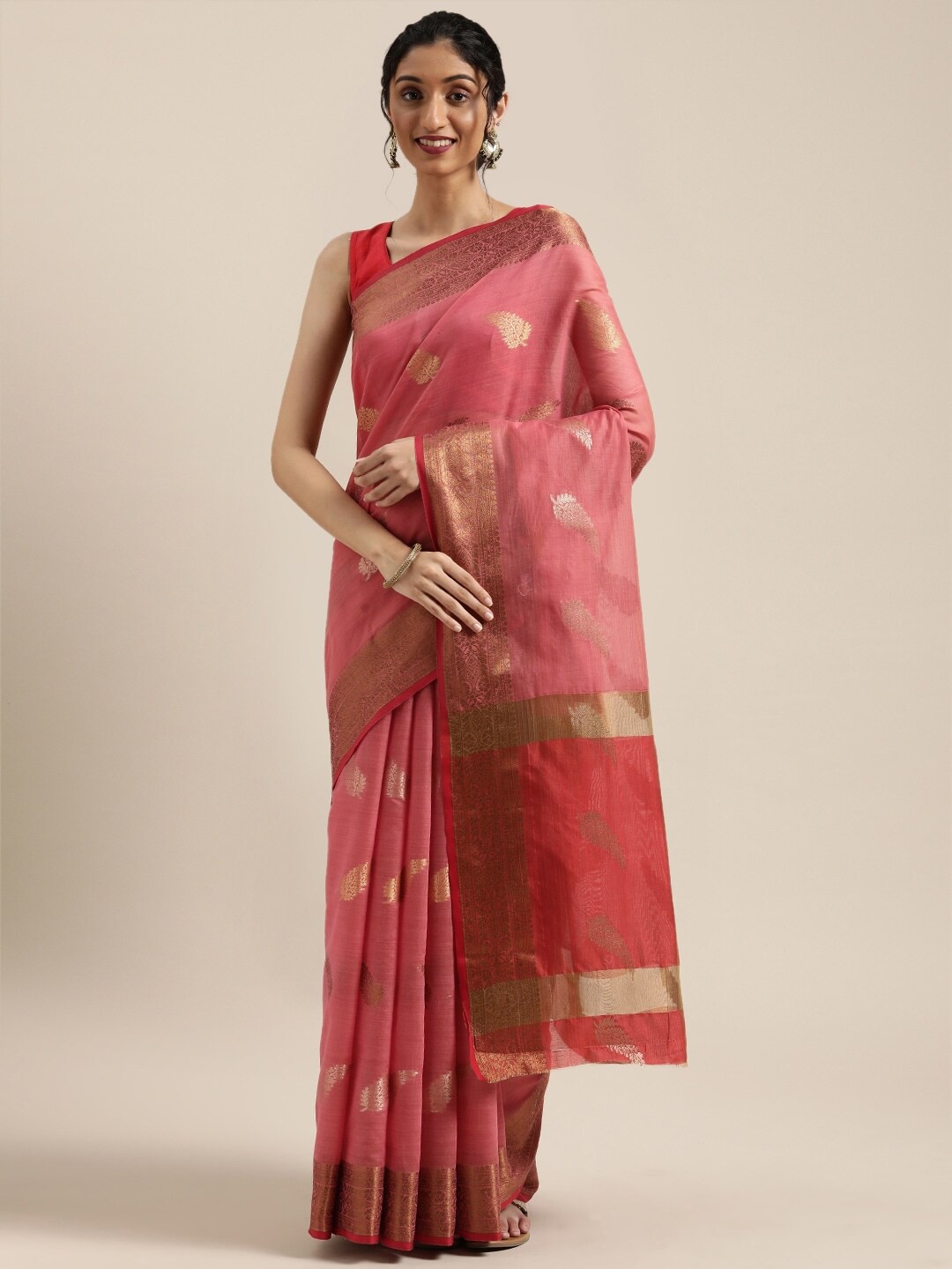 

Saree Swarg Pink & Gold-Toned Woven Design Zari Banarasi Saree
