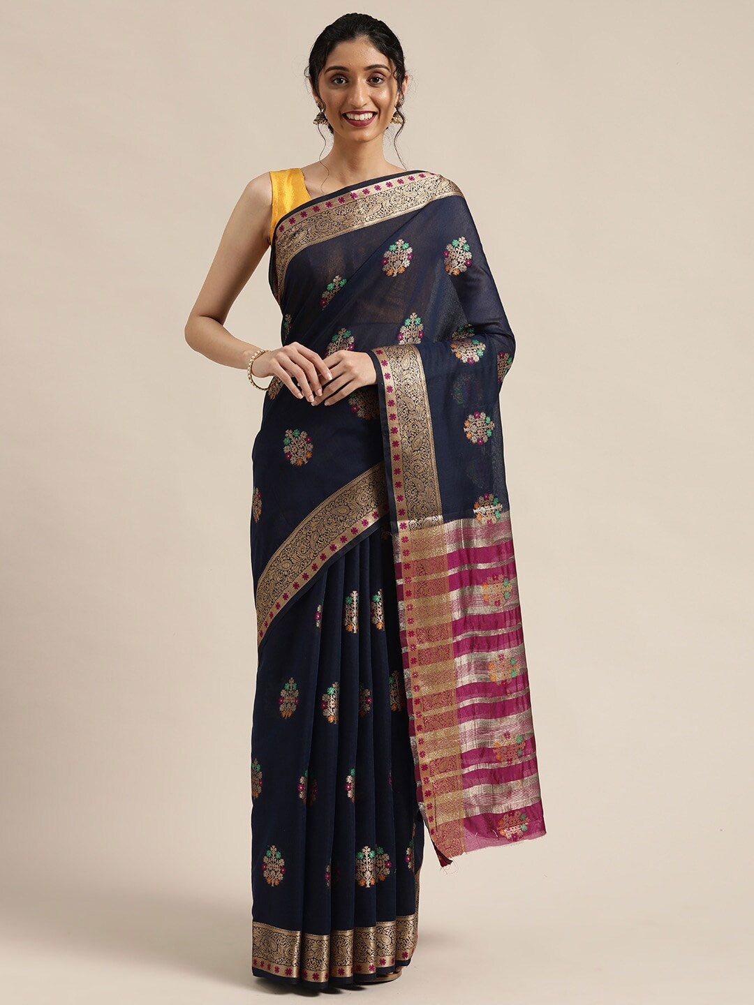 

Saree Swarg Navy Blue & Magenta Woven Design Zari Banarasi Sarees