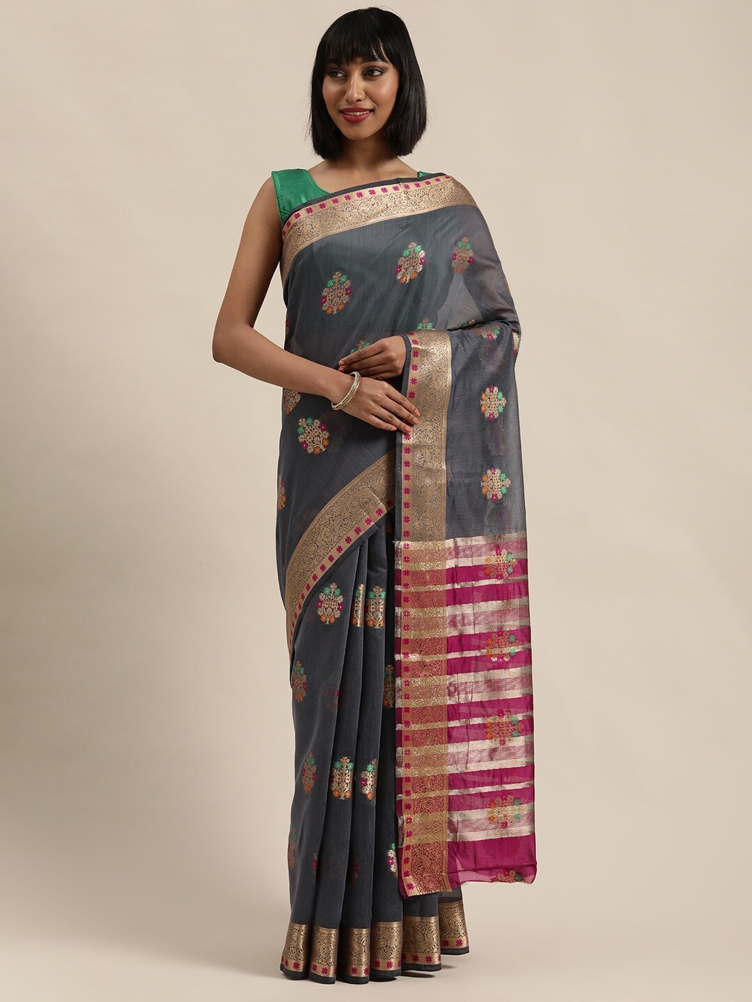 

Saree Swarg Grey & Pink Woven Design Zari Banarasi Saree