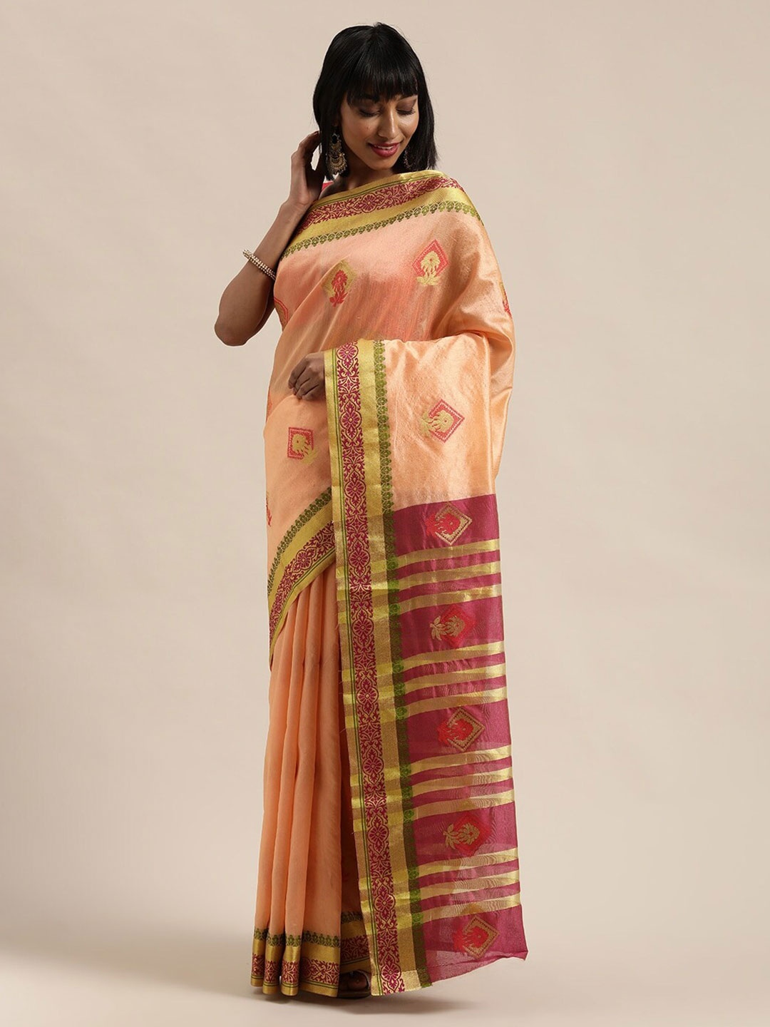 

Saree Swarg Peach-Coloured & Green Woven Design Zari Banarasi Saree