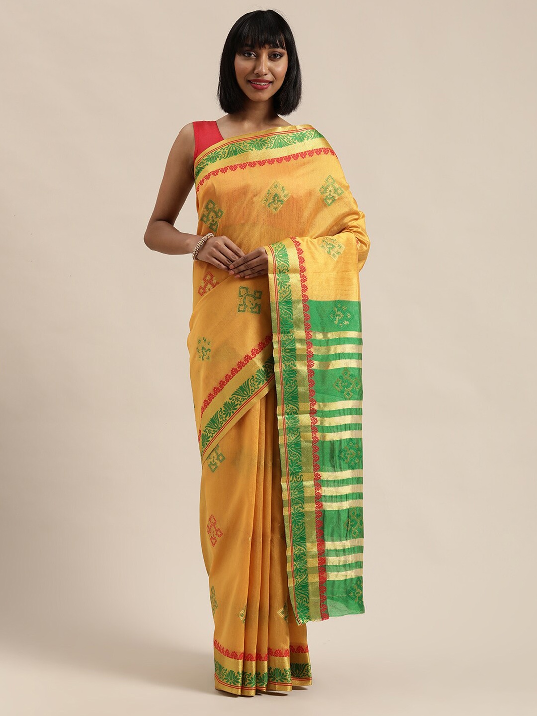 

Saree Swarg Mustard & Green Woven Design Zari Banarasi Sarees