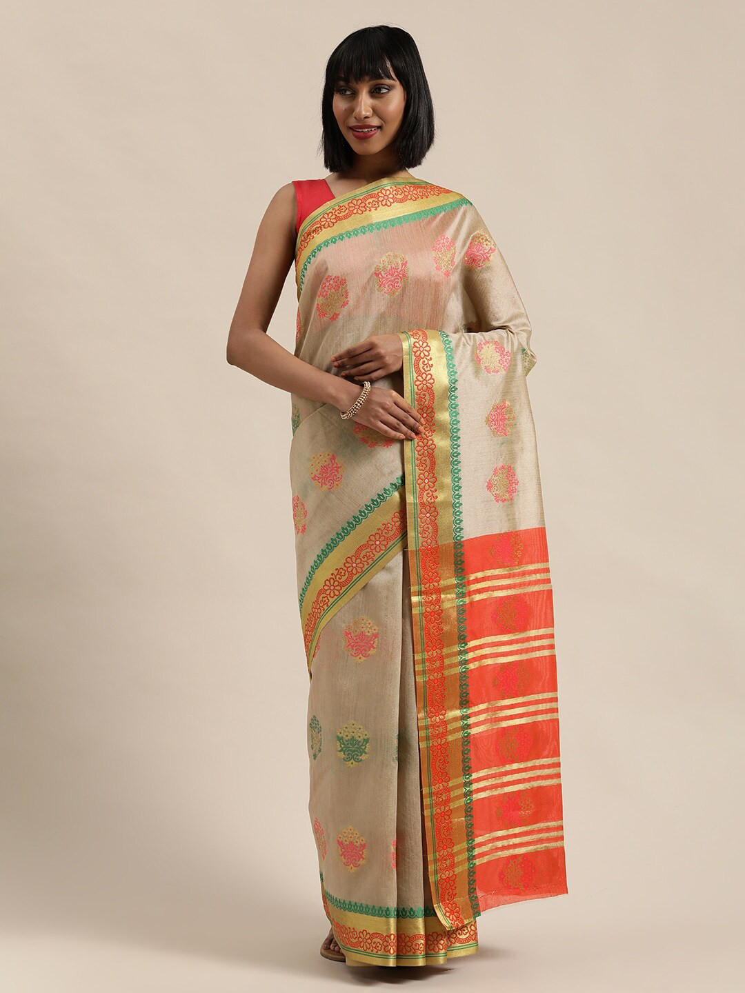 

Saree Swarg Beige & Orange Woven Design Zari Banarasi Sarees